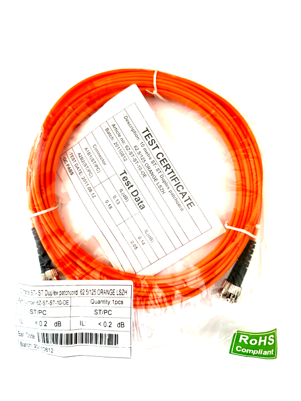 ST to ST Duplex Patchcord 10m, 62.5/125um ORANGE 6Z-ST-ST-10-OE