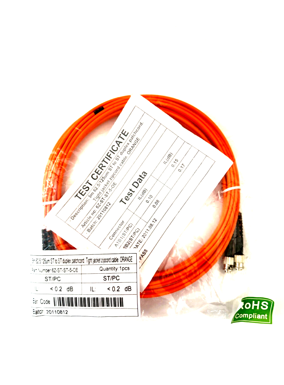 ST to ST Duplex Patchcord 5m, 62.5/125um ORANGE 6Z-ST-ST-5-OE